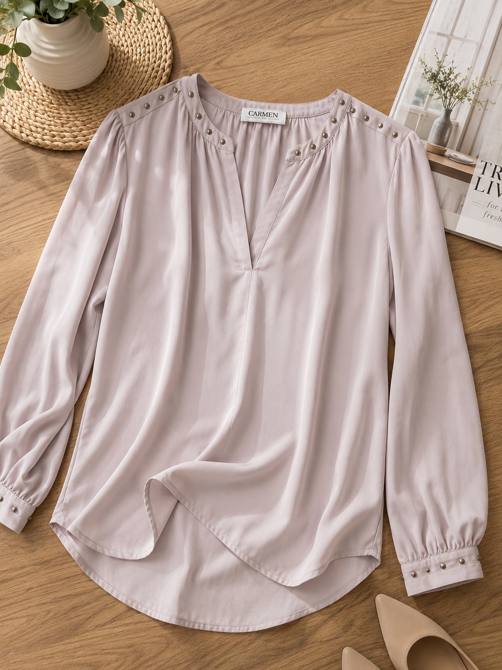 Carmen by Carmen Marc Valvo Blush Pink Studded High Low Blouse - Picture 3 of 6